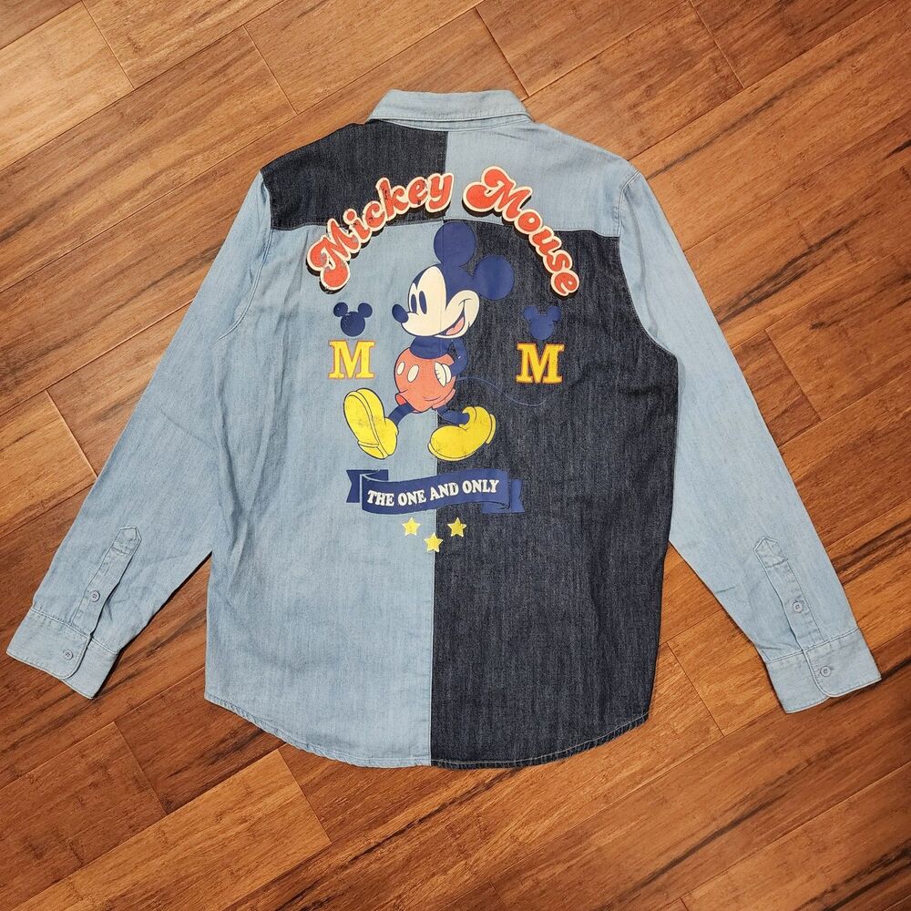 Disney Mickey Mouse M28 Button Down Shirt Men's Large Denim Chambray NWT